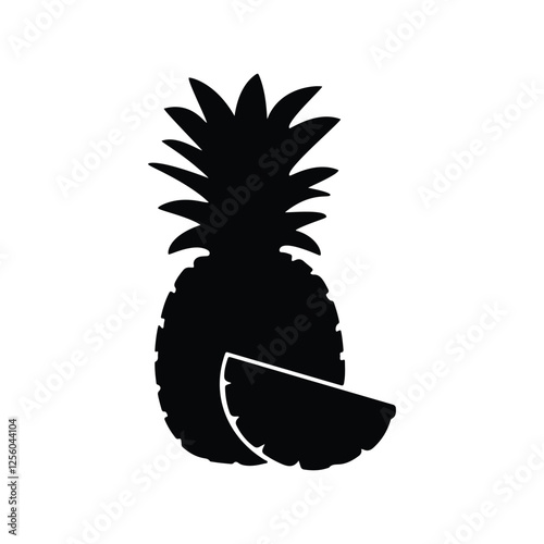Black silhouette of whole pineapple & slice. Flat silhouette icon of fresh fruit isolated white background
