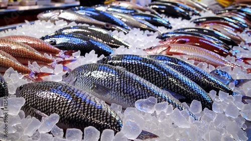 Rows of fresh fish on ice at a bustling market, glistening under market lights.
