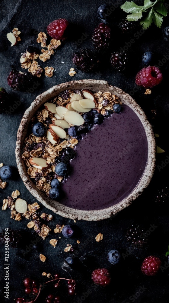 Acai bowl, topped with vibrant mixed berries, crunchy granola, and slivered almonds. Breakfast food Acai bowl, topped with vibrant mixed berries, crunchy granola, and slivered almonds. Breakfast food
