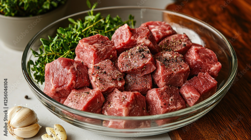 Diced beef with thyme and pepper in glass bowl, ready for cooking Diced beef with thyme and pepper in glass bowl, ready for cooking