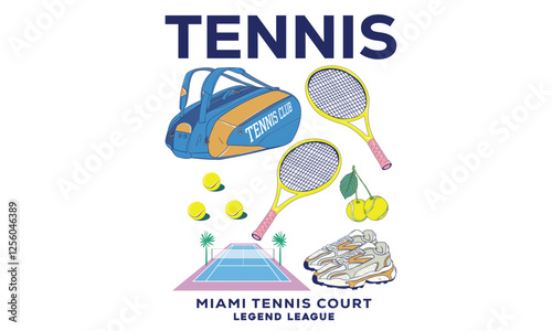 Tennis essential design. Palm tree vector design. Tennis court graphic design. Florida tennis club artwork for t shirt, posters, background and others. Tennis champions team. Athletic bag and shoe a