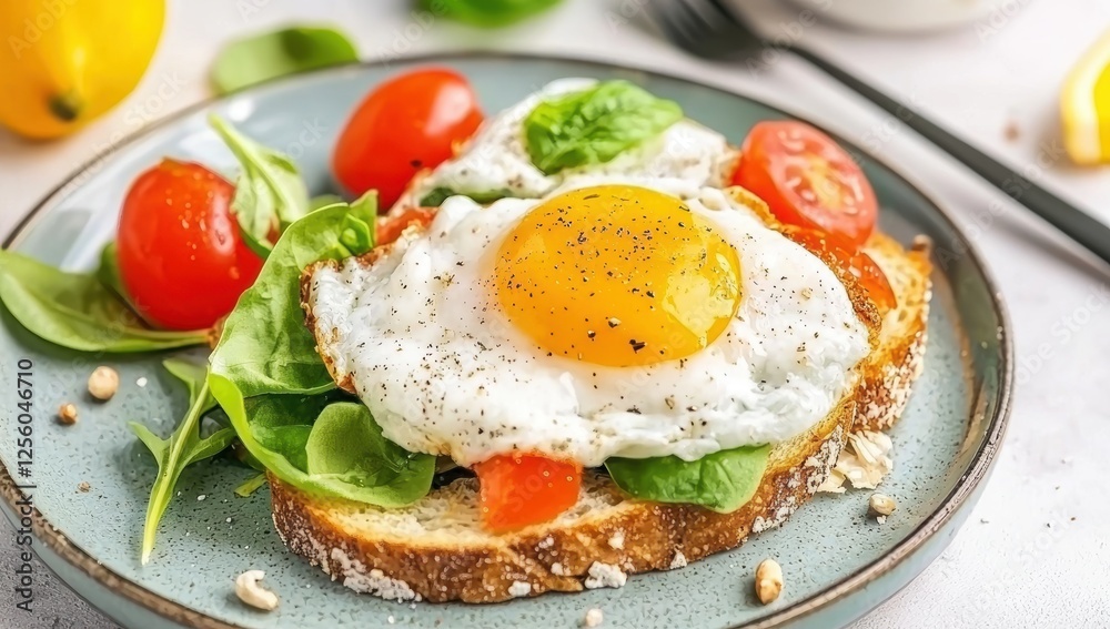 Eggs on toast with spinach, cherry tomatoes, a fresh and healthy breakfast.
Eggs on toast with spinach, cherry tomatoes, a fresh and healthy breakfast.