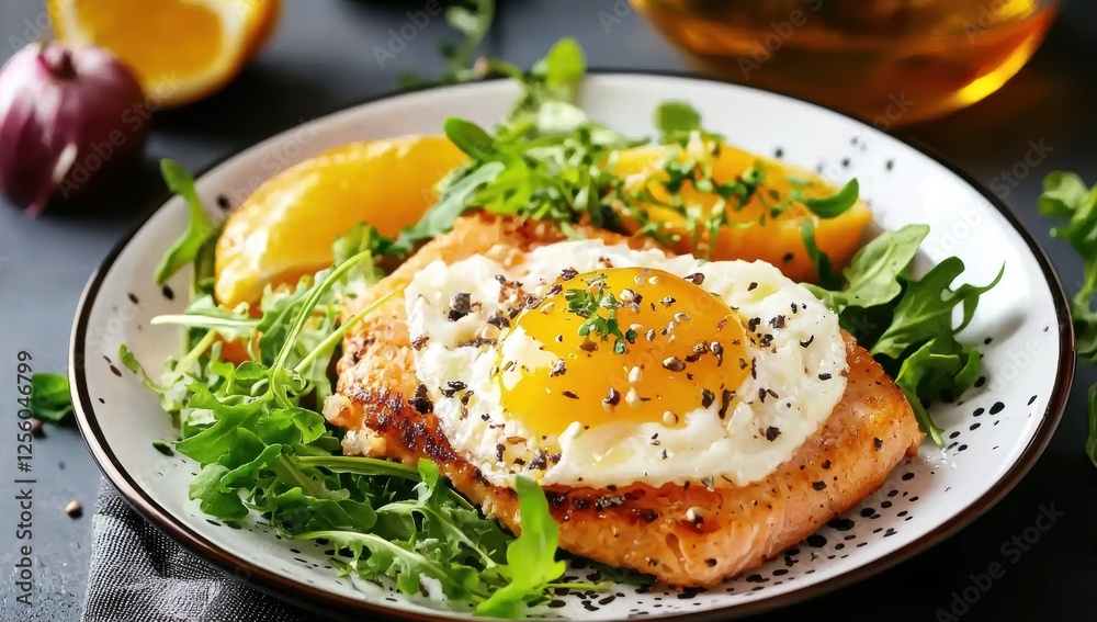 A plate of fried salmon with an egg on top, served alongside a citrus salad and greens for a healthy meal. A plate of fried salmon with an egg on top, served alongside a citrus salad and greens for a healthy meal.
