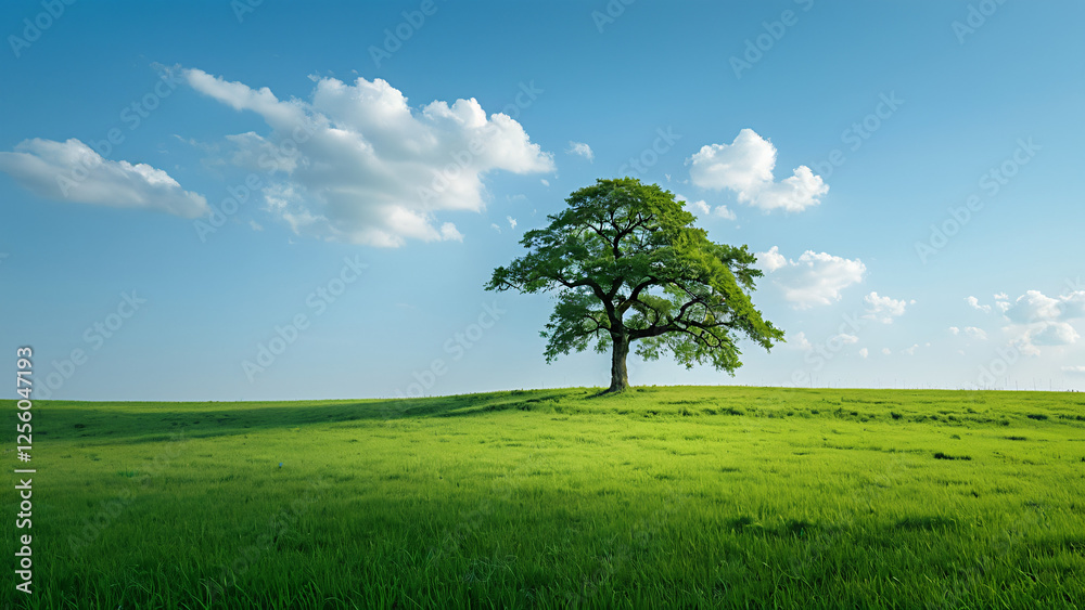 Obraz premium lonely tree on green hill with blue sky