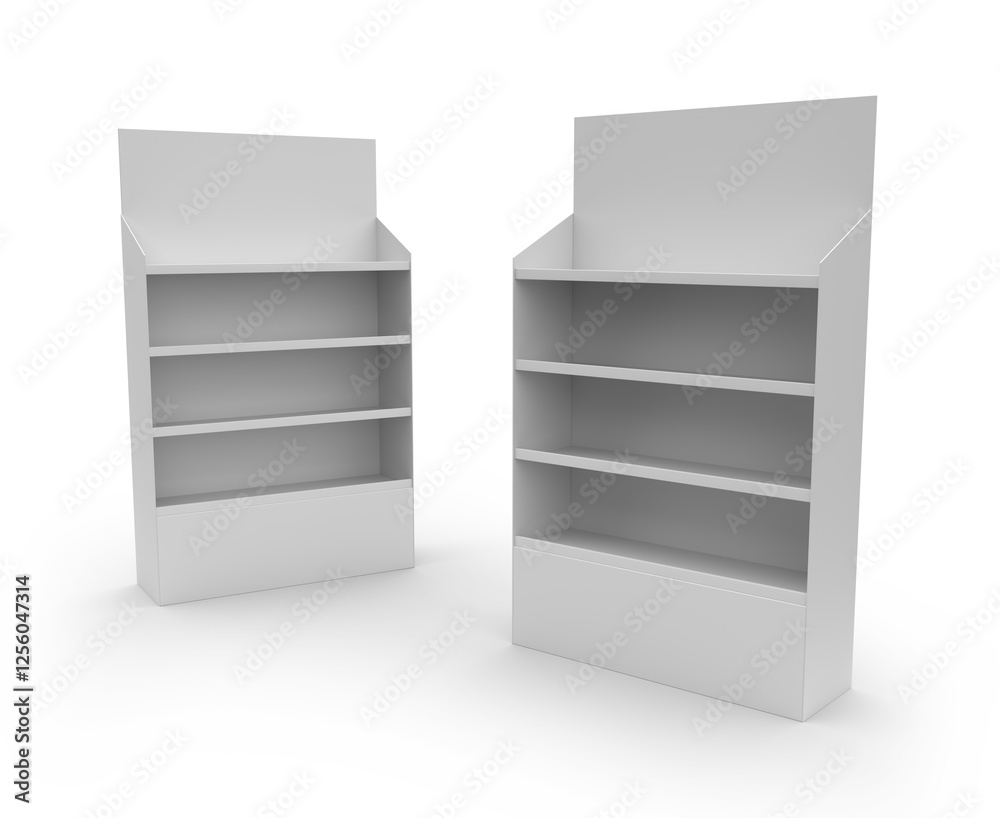 Supermarket Promotional Display Rack, Empty Product Display Shelf, PDQ Display Box With Two Different View, Floor Stand Display. 3D Render Illustration. Supermarket Promotional Display Rack, Empty Product Display Shelf, PDQ Display Box With Two Different View, Floor Stand Display. 3D Render Illustration.