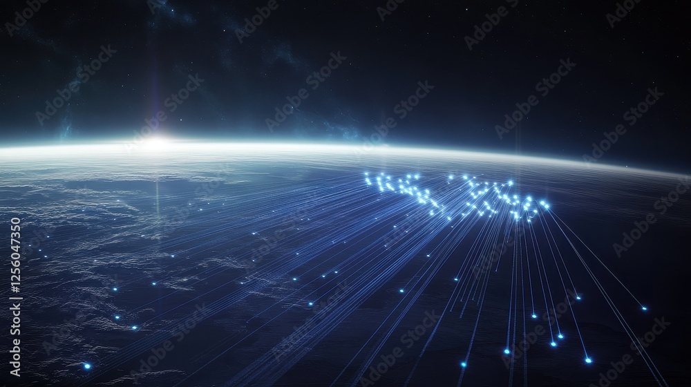 Obraz premium A cosmic web of luminous fiber-optic cables connecting planets, each glowing thread symbolizing an intergalactic internet connection .