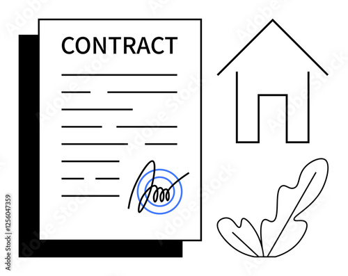 Contract document with signature, house outline, and leaf illustration. Ideal for real estate, agreements, legal documents, home purchases, environmental themes, contractual obligations business