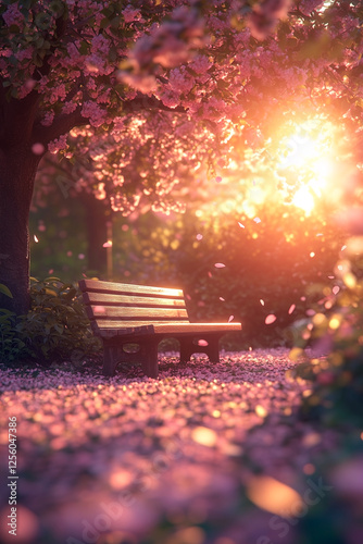 Romantic spring landscape with a park bench under blooming sakura at dawn. Delicate petals in the air, warm golden sunlight creating an atmosphere of coziness and tranquility.