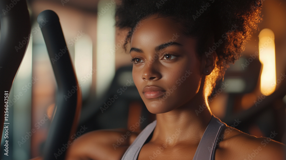Fototapeta premium Woman working out on gym machines, focused expression, cool toned lighting.