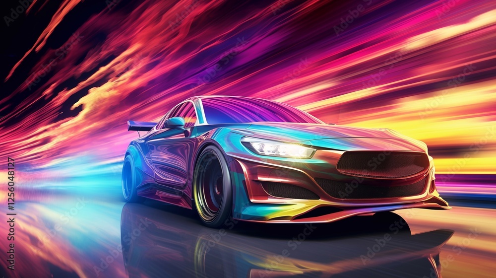 Futuristic sports car with iridescent paint racing through neon cityscape - High-speed luxury vehicle with dynamic color-shifting finish, concepts about future automotive design, speed and motion Futuristic sports car with iridescent paint racing through neon cityscape - High-speed luxury vehicle with dynamic color-shifting finish, concepts about future automotive design, speed and motion