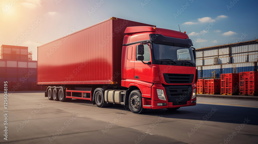 Red Truck with Trailer in Industrial Landscape - Symbolizing Transportation, Logistics, and the Role of Freight Delivery in the Global Economy