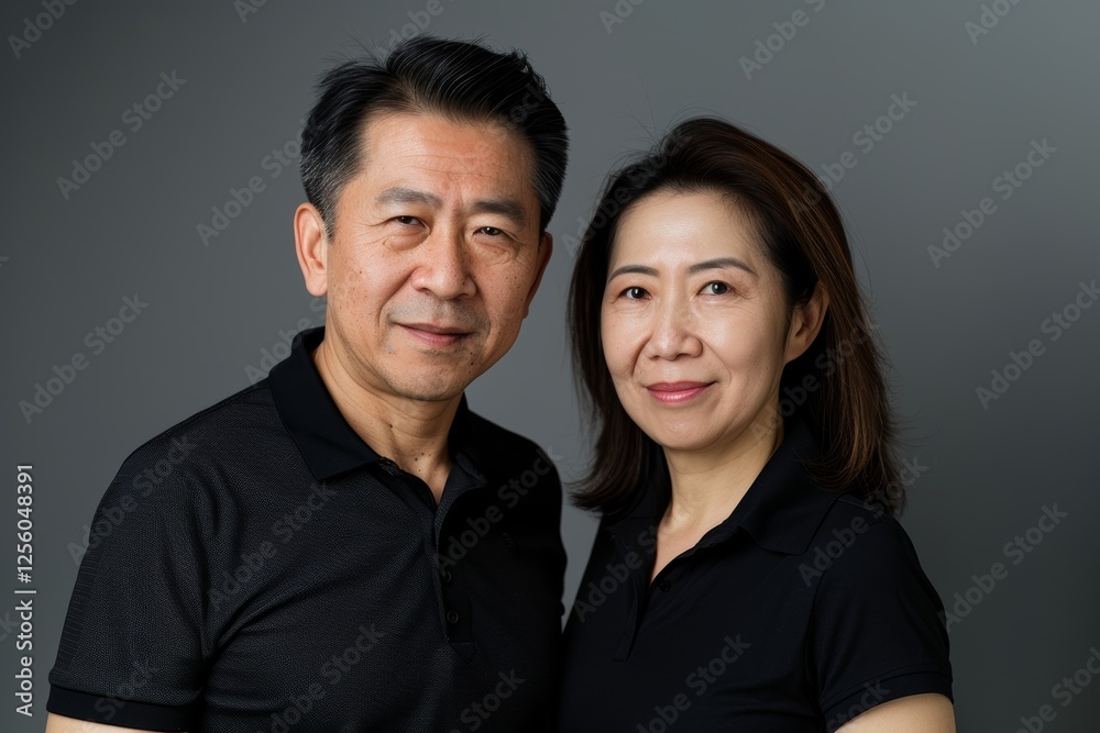 Portrait of a blissful asian couple in their 30s donning a classy polo shirt isolated on blank studio backdrop Portrait of a blissful asian couple in their 30s donning a classy polo shirt isolated on blank studio backdrop