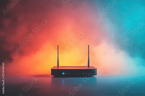 Vibrant technological innovation shines through colorful haze with a modern wireless router
