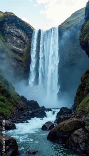 Mist rises from rocky base of cascading Bridal Veil Falls, cloud, warmth, falls