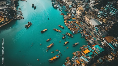 Aerial view of a bustling river port with numerous boats and vibrant architecture photo