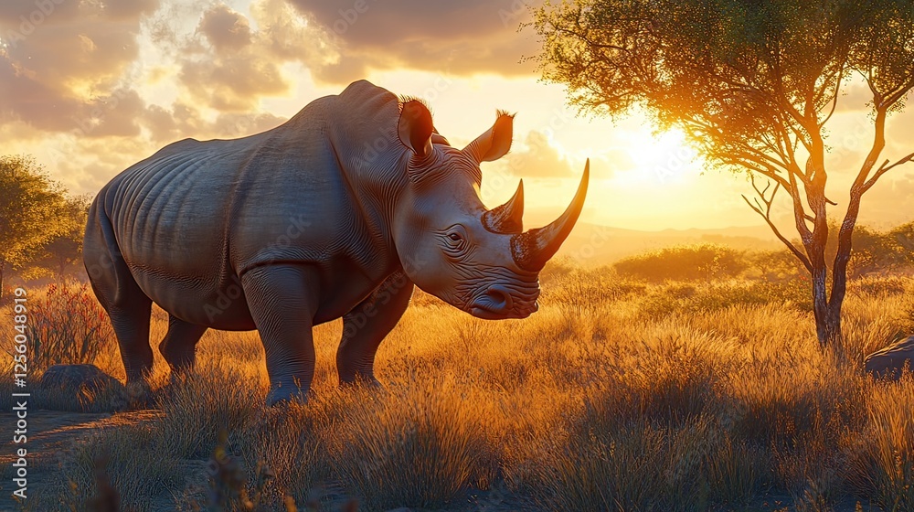 Fototapeta premium Rhino sunset savanna Africa wildlife conservation (1)