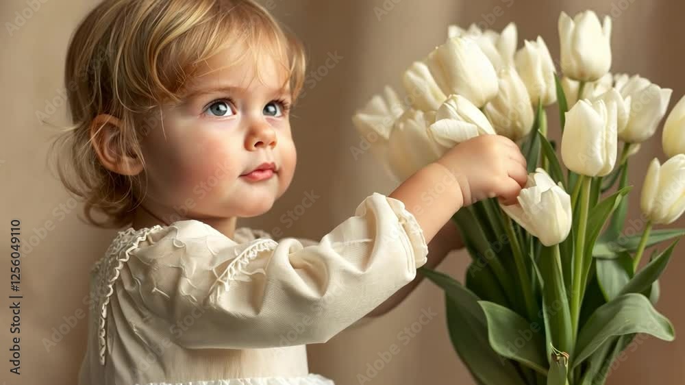 This young child gently touches a bouquet of white tulips, creating a peaceful atmosphere. This young child gently touches a bouquet of white tulips, creating a peaceful atmosphere.