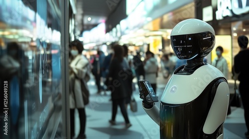 Wallpaper Mural A humanoid robot with a smooth, featureless face is pointing upwards with one finger. The robot has a white and black color scheme and appears to be made of plastic and metal. Torontodigital.ca