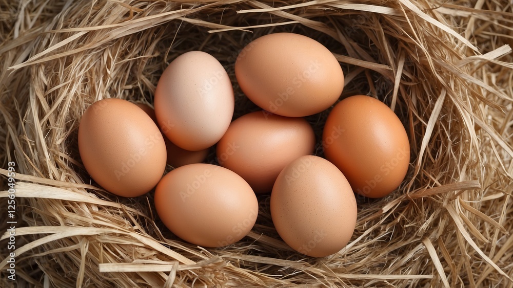 Brown chicken eggs with nest of hay background Brown chicken eggs with nest of hay background