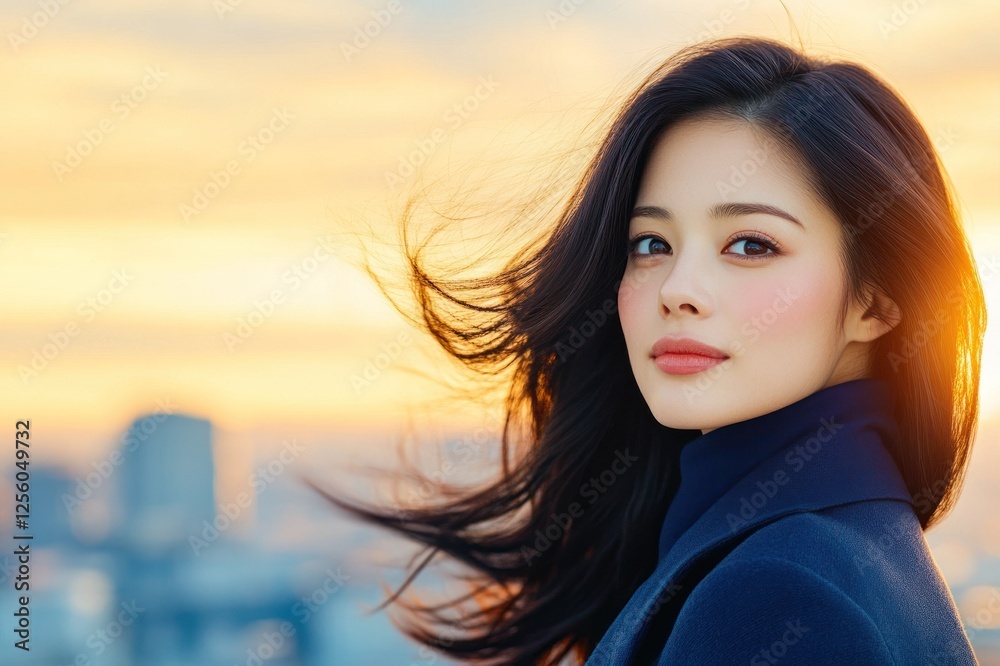 Fototapeta premium Graceful Lady With Flowing Hair At Sunset Backdrop