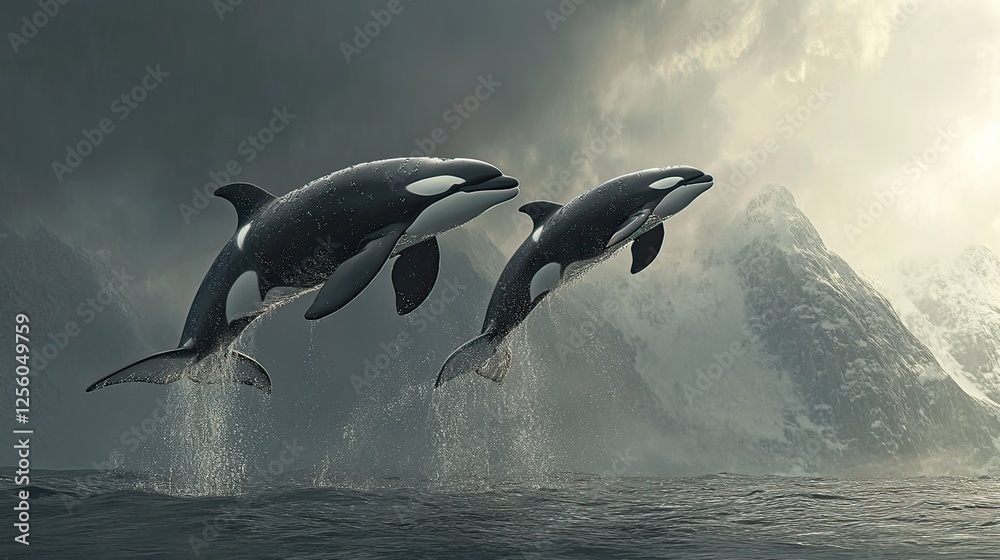 Fototapeta premium Orcas leaping, ocean, mountains, dramatic sky, wildlife