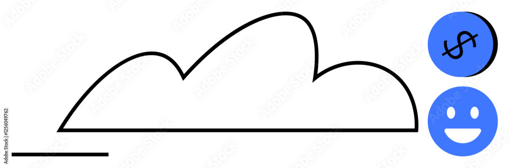 Black outline cloud with two blue circles featuring a dollar sign and a smiling face. Ideal for technology, financial growth, cloud services, prosperity, happiness, communication, modern solutions Black outline cloud with two blue circles featuring a dollar sign and a smiling face. Ideal for technology, financial growth, cloud services, prosperity, happiness, communication, modern solutions