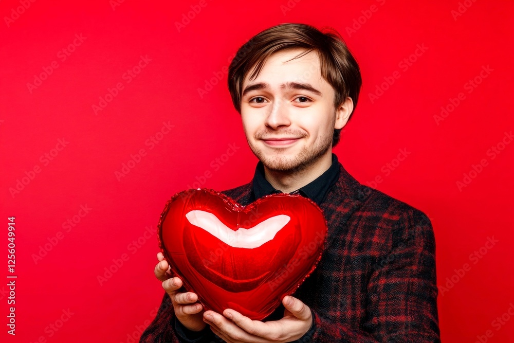 Sign of love and affection. Youth valentine's day greeting card: young man with amused face holds red heart in hands. Commercial concept art. Love-themed creative designs. Sign of love and affection. Youth valentine's day greeting card: young man with amused face holds red heart in hands. Commercial concept art. Love-themed creative designs.