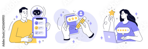 Feedback set. Characters give five stars review, write comment ratings, use artificial intelligence for customer satisfaction, quality, service analysis. User experience concept. Vector illustration.