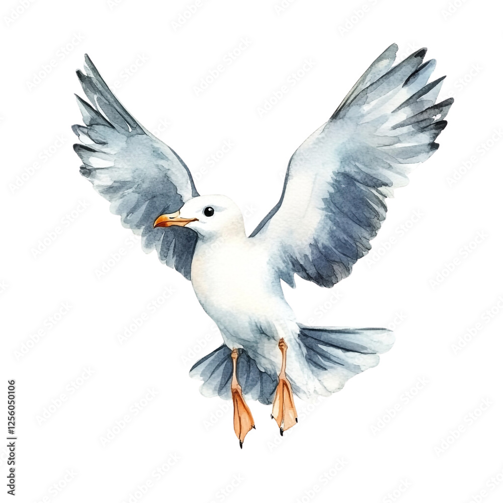 Fototapeta premium Majestic Seagull in Flight Graceful Wings Watercolor Art Serene Beauty,