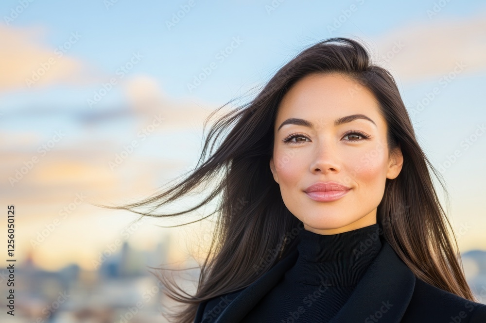 Elegant Woman With Flowing Hair Against Skyline Elegant Woman With Flowing Hair Against Skyline