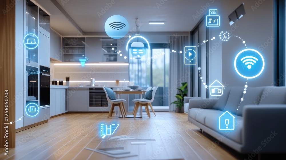 Smart home design featuring voice-activated systems, automated door openers, and smart appliances for independent living Smart home design featuring voice-activated systems, automated door openers, and smart appliances for independent living