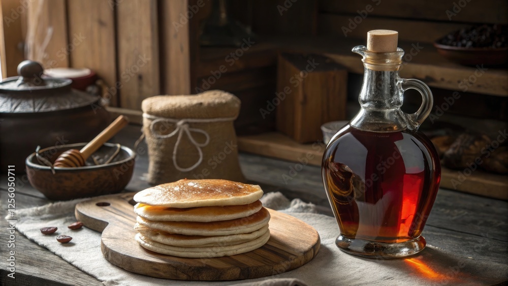 Stack of fluffy pancakes with maple syrup in a rustic kitchen setting Stack of fluffy pancakes with maple syrup in a rustic kitchen setting
