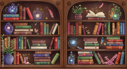 Whimsical Bookshelf Illustration with Magic Items and Glowing Lights
