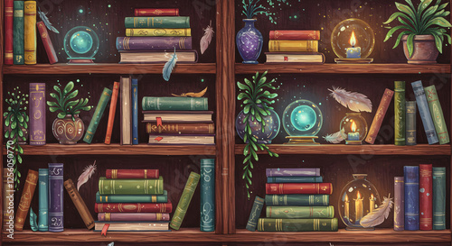 Bookshelf Decor with Books Plants and Crystal Balls Illustration