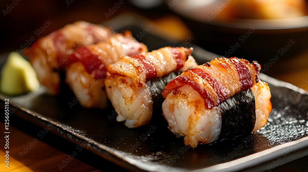 A closeup of succulent shrimp wrapped in crispy bacon, served on a sleek black plate, with soft lighting emphasizing the dishes textures A closeup of succulent shrimp wrapped in crispy bacon, served on a sleek black plate, with soft lighting emphasizing the dishes textures
