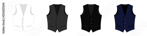 Elegant vests set. Classic white and black sleeveless clothing for stylish gentlemen and blue work uniform for luxury clubs and restaurants in retro design