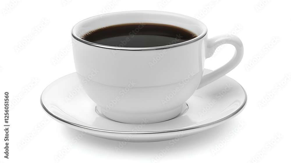 A white coffee cup with a silver rim sits on a white saucer A white coffee cup with a silver rim sits on a white saucer