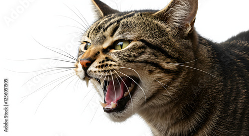 Angry Tabby Cat Hissing Showing Teeth on a White Background