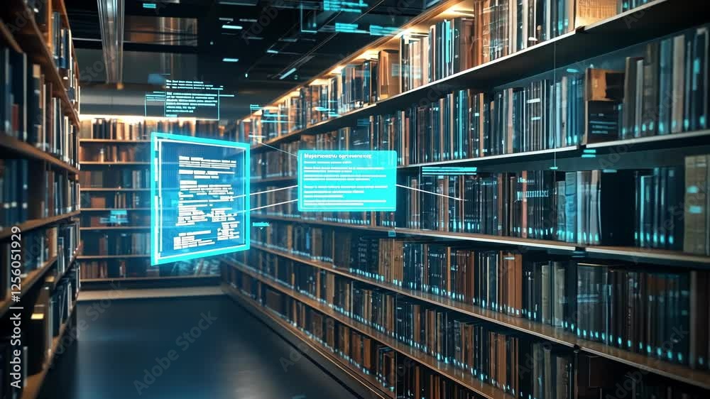 Glowing digital information and books floating through a virtual library, creating a futuristic concept of online education, e learning, and access to knowledge