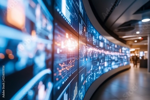 Curved data screen displays financial info; people walk in background; used for technology, finance, business
