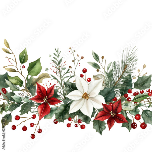 Festive watercolor Christmas floral arrangement red and white poinsettias holly berries and greenery joyful winter holiday design