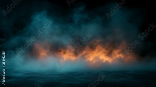 Mystical teal and orange smoke over dark water