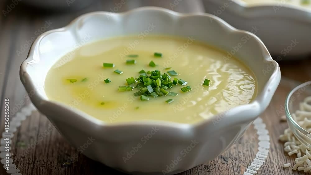 Creamy soup with green onions in white bowls on a wooden table creating a dreamy and romantic backdrop suitable for love and celebration themes Creamy soup with green onions in white bowls on a wooden table creating a dreamy and romantic backdrop suitable for love and celebration themes
