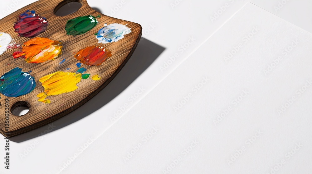 Fototapeta premium close-up of a wooden drawing palette with dabs of vibrant paint, placed beside a blank sheet of drawing paper, isolated on a clean white background [Art]:[Mental Development] Drawing Palette, 