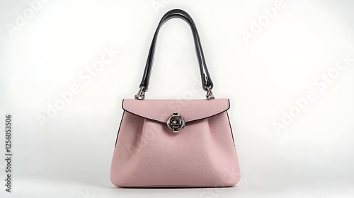 A pink purse with a black strap