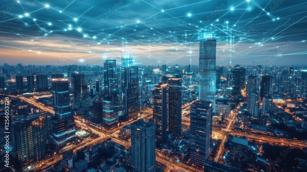 custom made wallpaper toronto digitalA futuristic cityscape where skyscrapers are linked by luminous digital bridges, representing a networked urban environment.