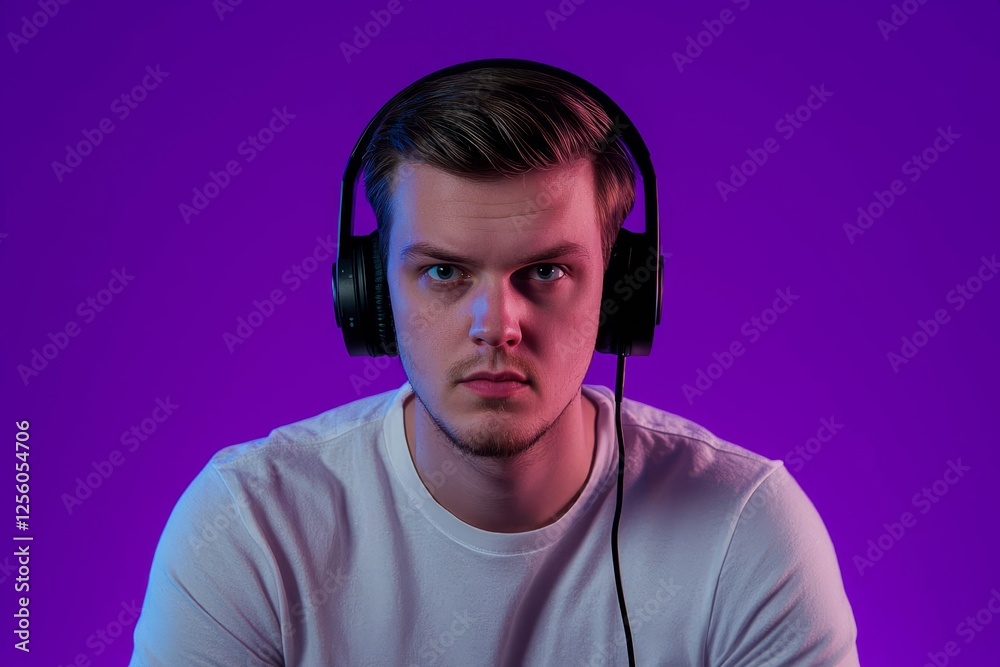 Gamer wearing headset and focused expression on vibrant purple background. Gamer wearing headset and focused expression on vibrant purple background.