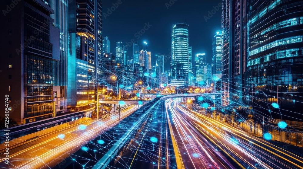A futuristic cityscape where skyscrapers are linked by luminous digital bridges, representing a networked urban environment. A futuristic cityscape where skyscrapers are linked by luminous digital bridges, representing a networked urban environment.