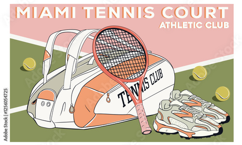 Palm tree vector design. Tennis court graphic design. Florida tennis club artwork for t shirt, posters, stickers, background and others. Tennis champions team. Athletic bag and shoe art.
