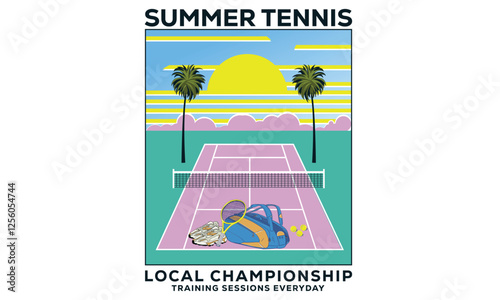 Summer sport. Palm tree vector design. Tennis court graphic design. Florida tennis club artwork for t shirt, posters, stickers, background and others. Tennis champions team. Athletic bag and shoe art.